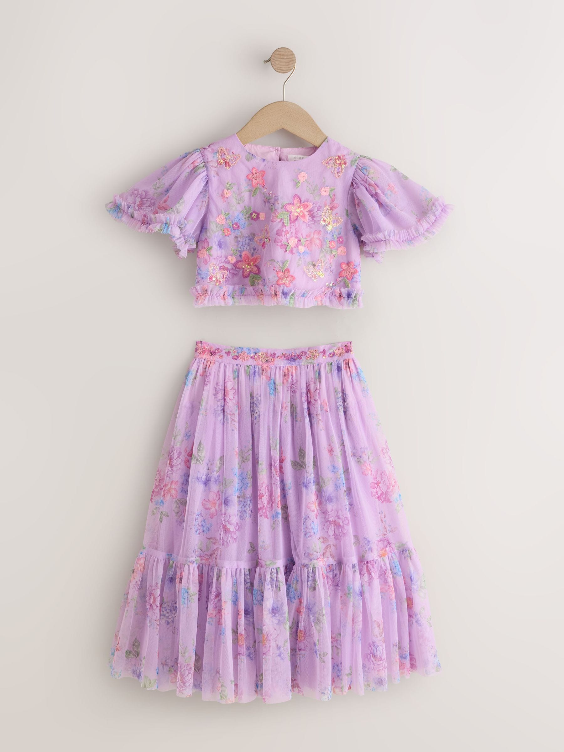 Dsiney Kidz - Lilac Purple Floral Embellished Top and Skirt Lehenga Set (3-16yrs) image 4