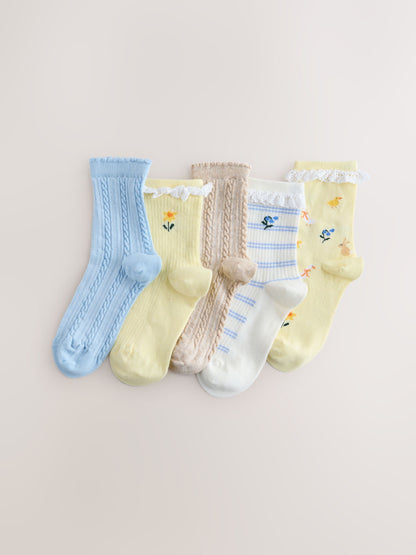 Blue/Yellow Cotton Rich Ruffle Ankle Socks 5 Pack image 1