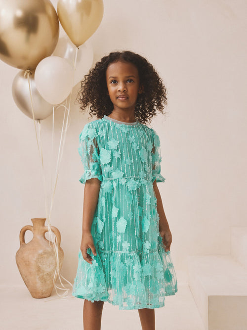 Teal Blue Mesh Flower Sequin Party Dress (3-16yrs) image 1