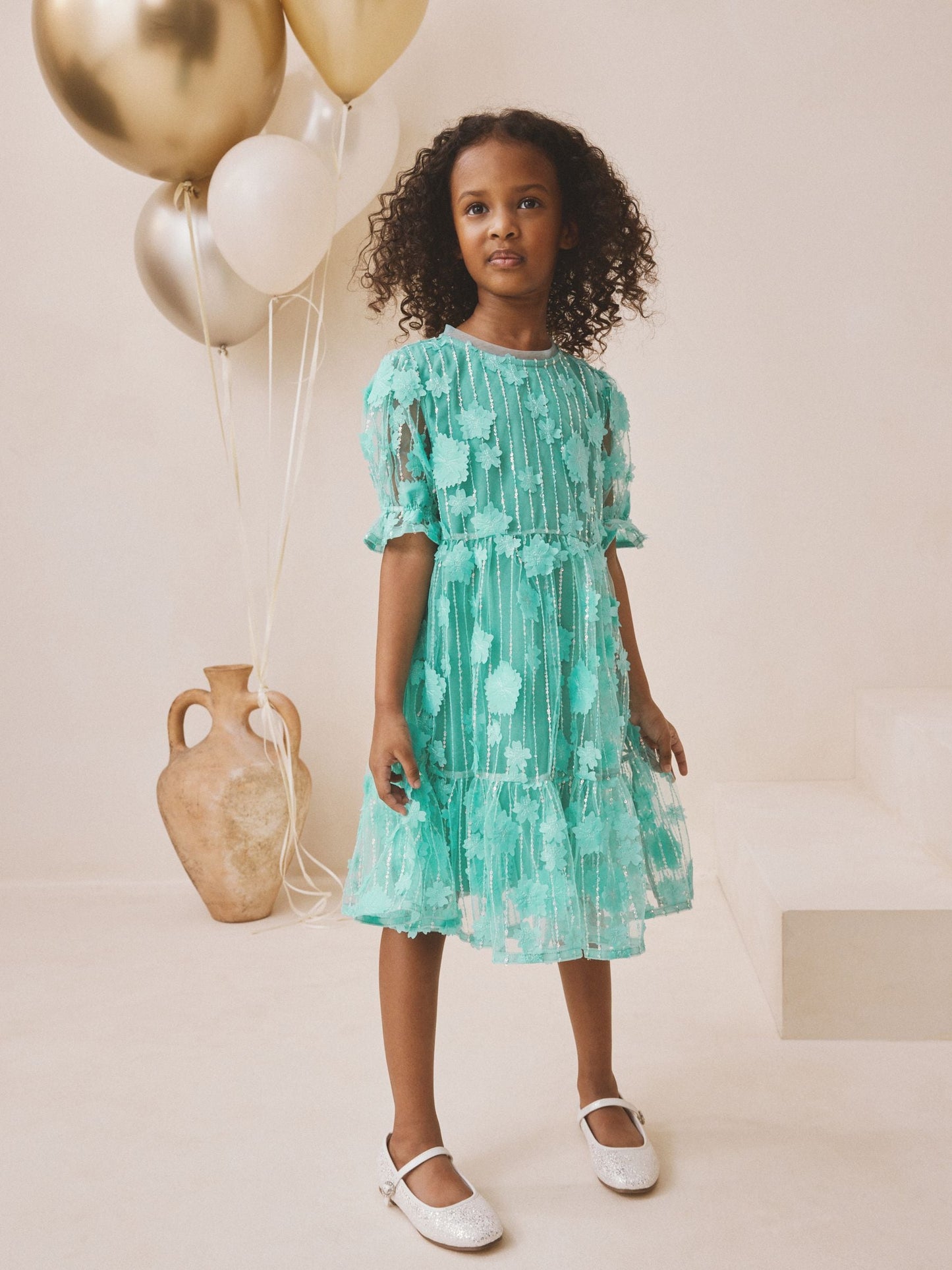 Teal Blue Mesh Flower Sequin Party Dress (3-16yrs) image 2