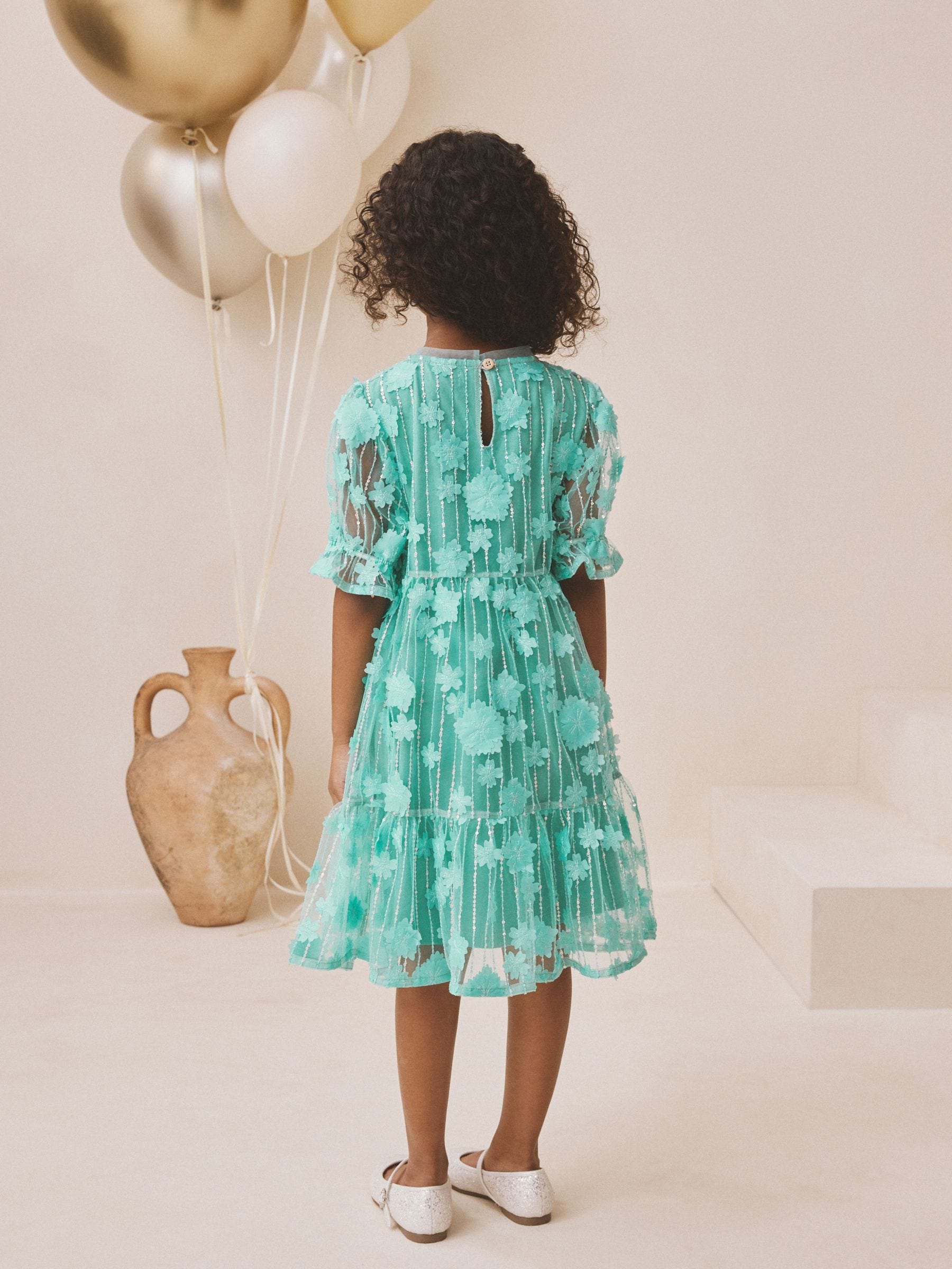 Teal Blue Mesh Flower Sequin Party Dress (3-16yrs) image 3
