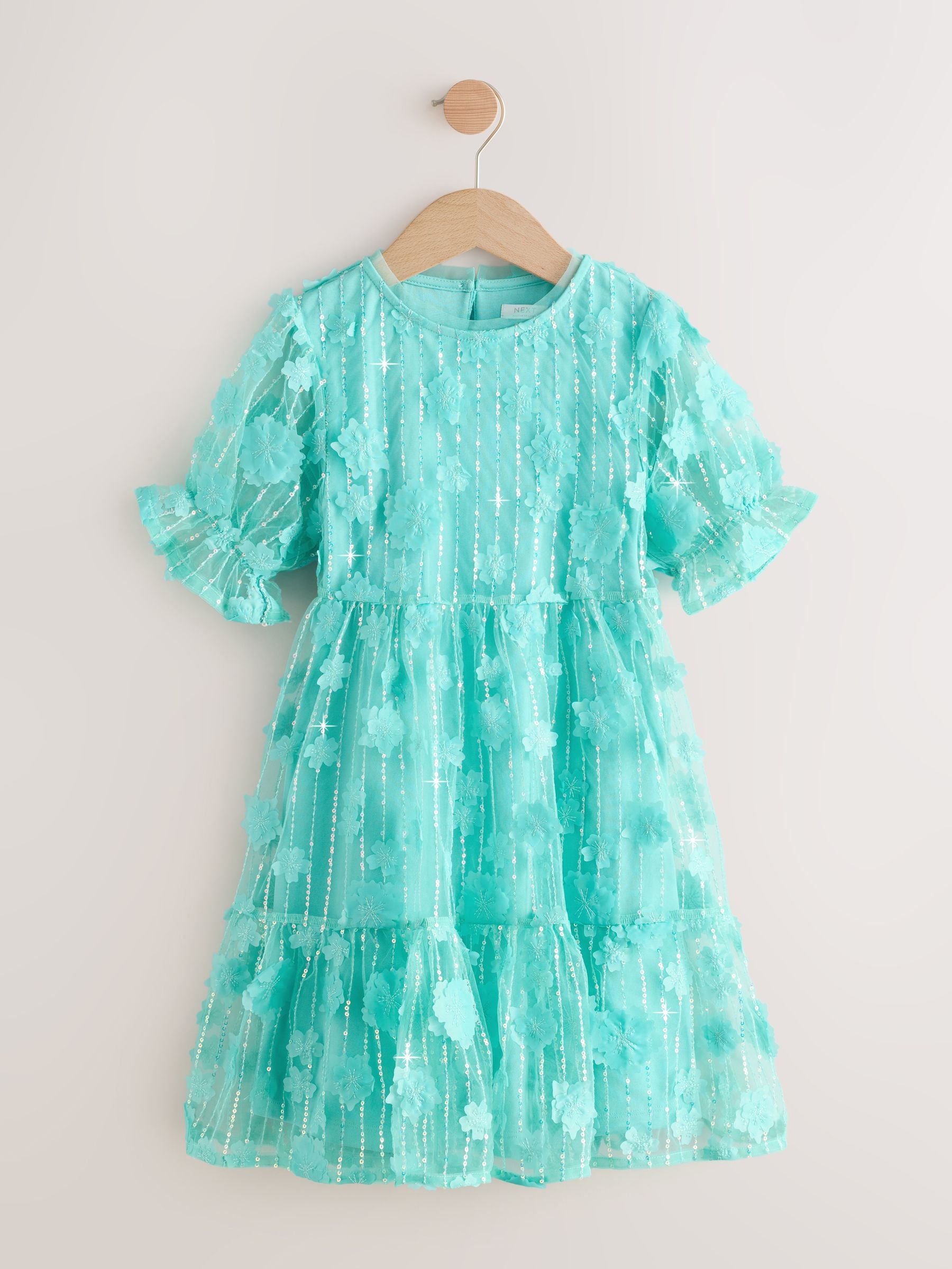 Teal Blue Mesh Flower Sequin Party Dress (3-16yrs) image 5
