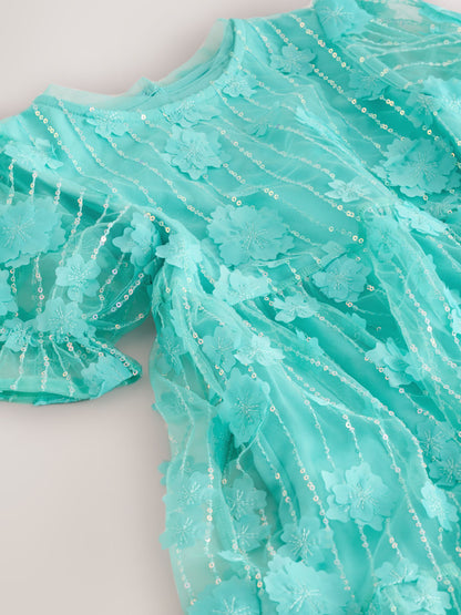 Teal Blue Mesh Flower Sequin Party Dress (3-16yrs) image 7