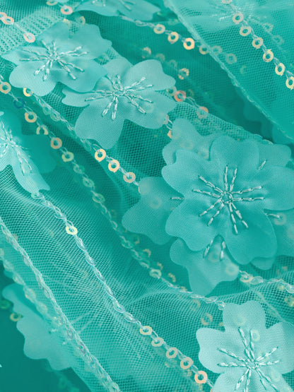 Teal Blue Mesh Flower Sequin Party Dress (3-16yrs) image 8