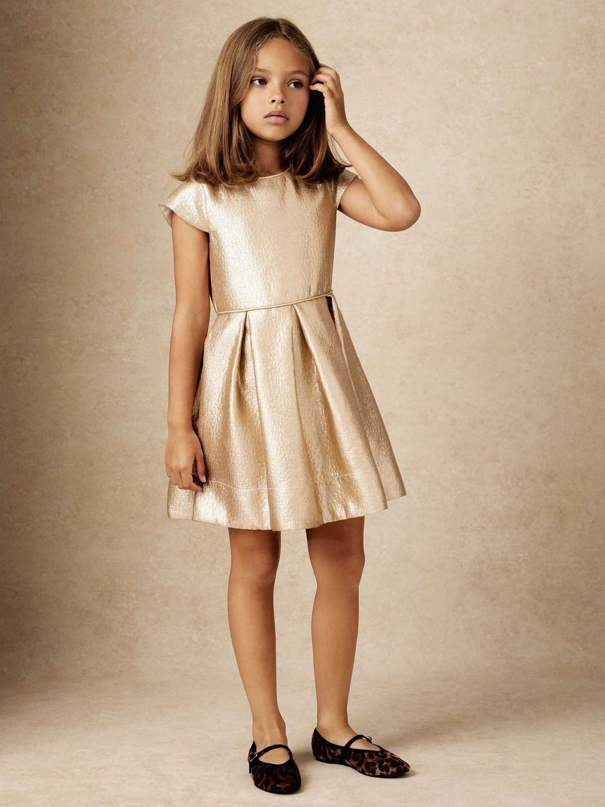 Reiss Gold Nia 13-14 yrs Textured Metallic Pleated Dress - image 3