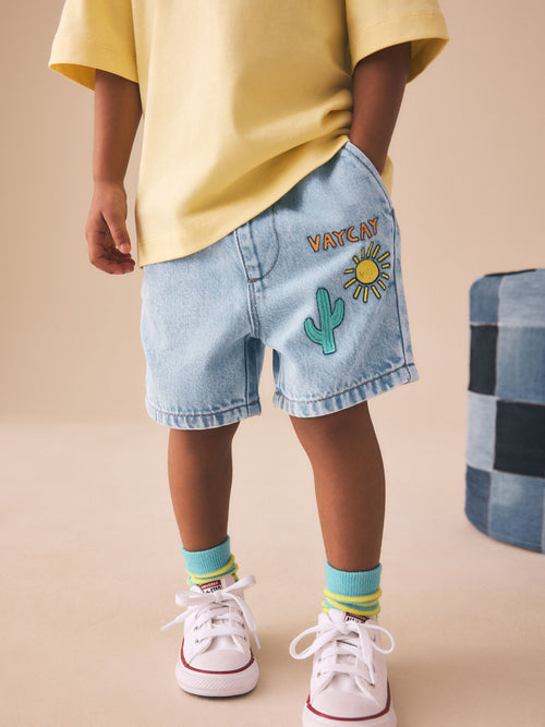 Light Blue Printed Pull On Loose Denim Shorts (3mths-7yrs) image 1