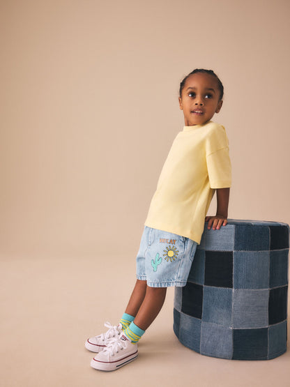 Light Blue Printed Pull On Loose Denim Shorts (3mths-7yrs) image 2