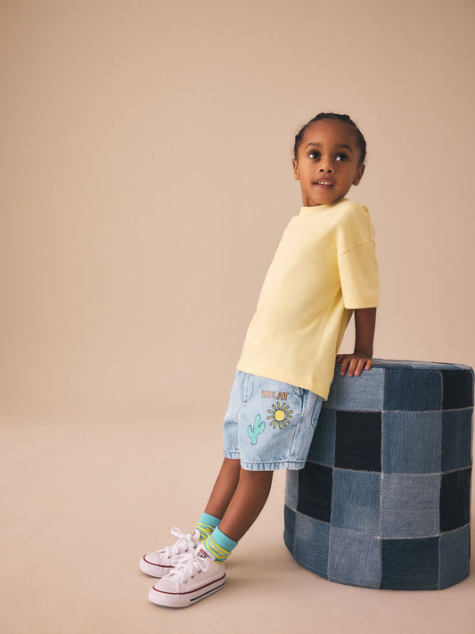 Light Blue Printed Pull On Loose Denim Shorts (3mths-7yrs) image 2