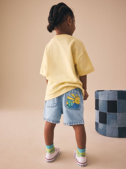 Light Blue Printed Pull On Loose Denim Shorts (3mths-7yrs) image 3