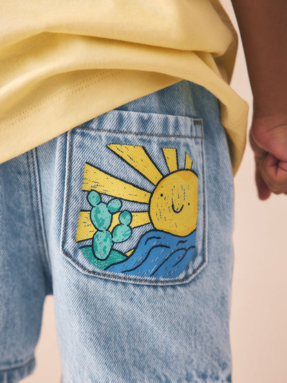 Light Blue Printed Pull On Loose Denim Shorts (3mths-7yrs) image 5