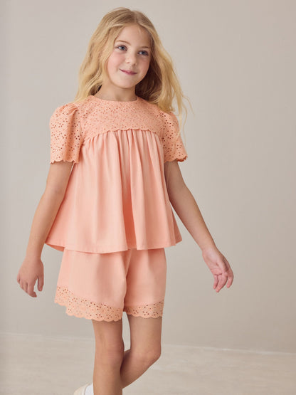 Laura Ashley Orange Broderie Anglaise Frill Top and Shorts Set image 1