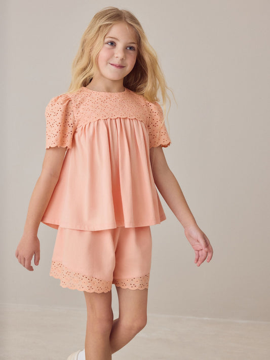 Laura Ashley Orange Broderie Anglaise Frill Top and Shorts Set image 1