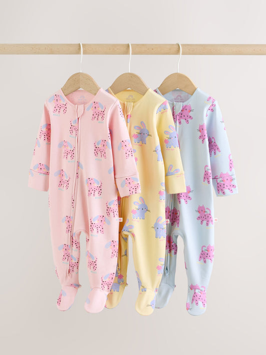 Pink/Yellow character Two Way Zip Baby Sleepsuits 3 Pack (0mths-2yrs) image 1