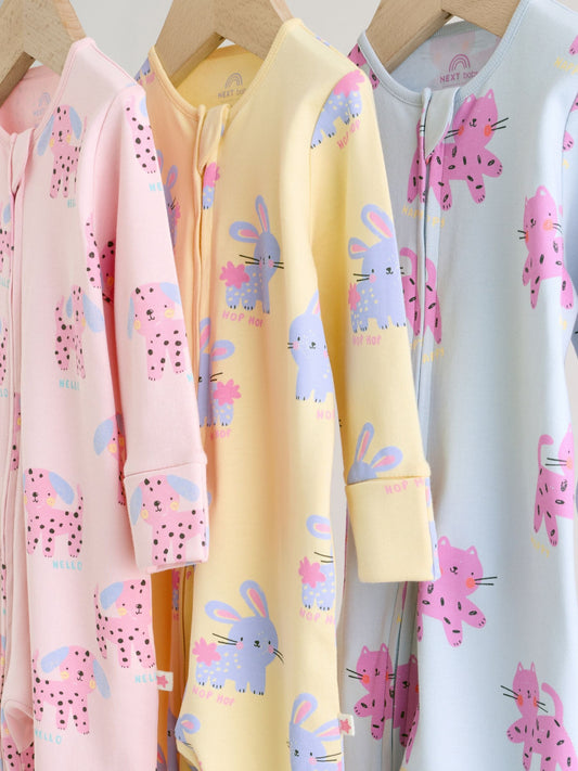 Pink/Yellow character Two Way Zip Baby Sleepsuits 3 Pack (0mths-2yrs) image 3