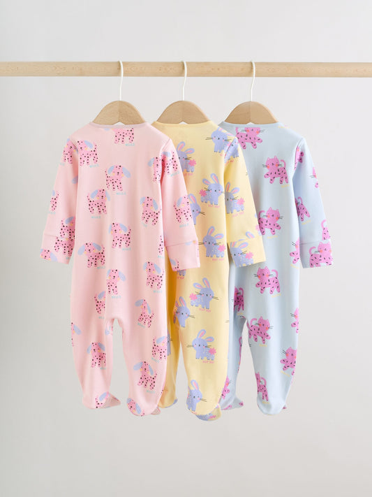 Pink/Yellow character Two Way Zip Baby Sleepsuits 3 Pack (0mths-2yrs) image 2