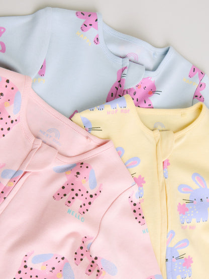 Pink/Yellow character Two Way Zip Baby Sleepsuits 3 Pack (0mths-2yrs) image 8