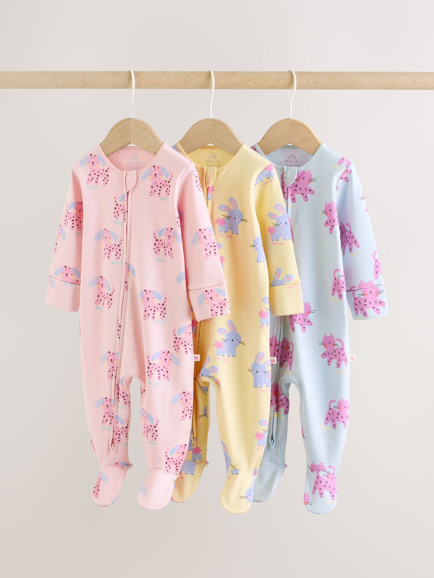 Pink/Yellow character Two Way Zip Baby Sleepsuits 3 Pack (0mths-2yrs) image 1