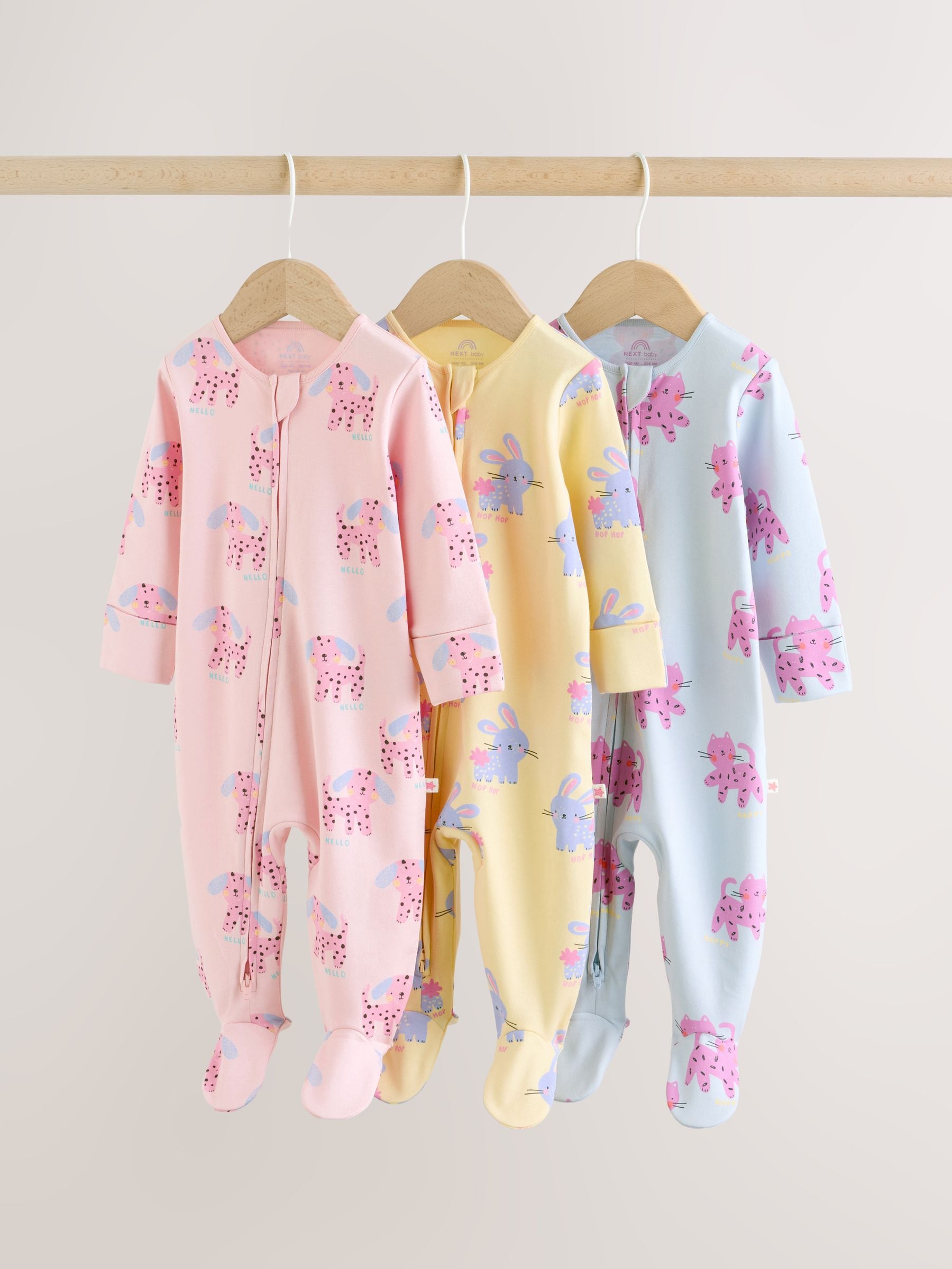 Pink/Yellow character Two Way Zip Baby Sleepsuits 3 Pack (0mths-2yrs) image 1