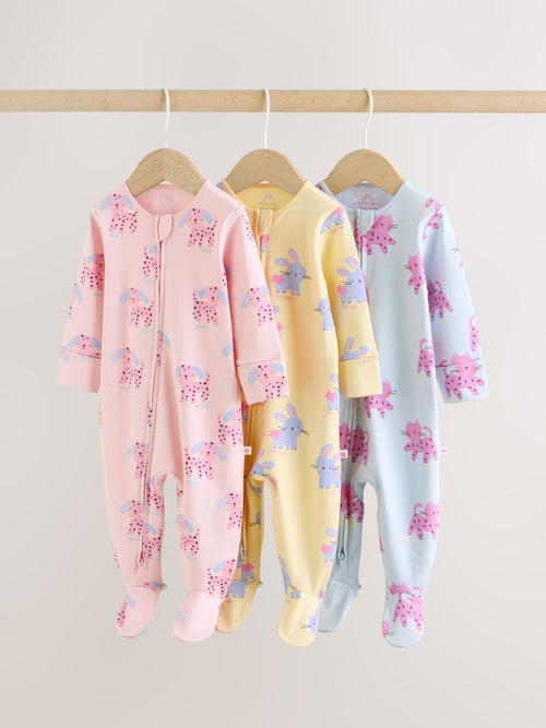 Pink/Yellow character Two Way Zip Baby Sleepsuits 3 Pack (0mths-2yrs) image 1