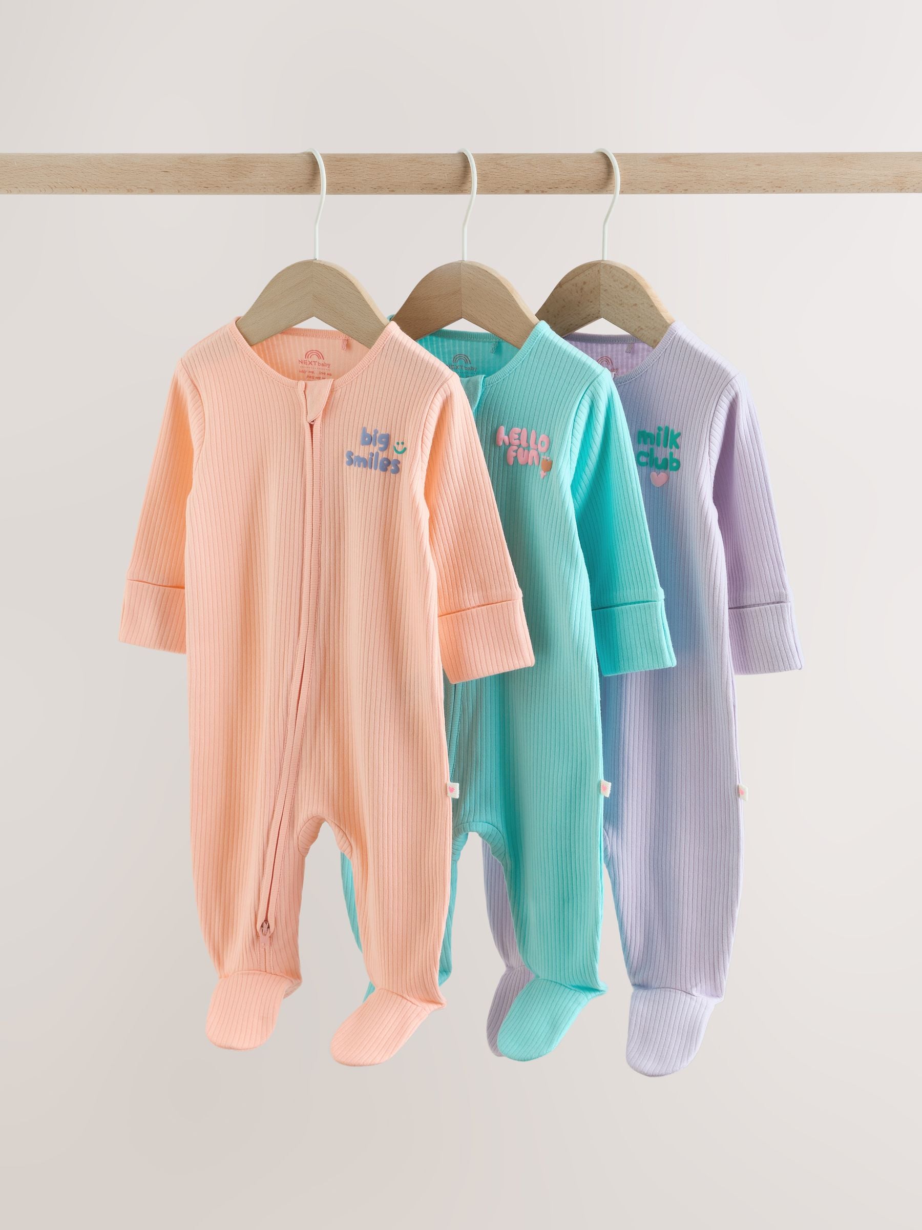 Coral/Purple Two Way Zip Baby Sleepsuits 3 Pack (0mths-2yrs) image 1