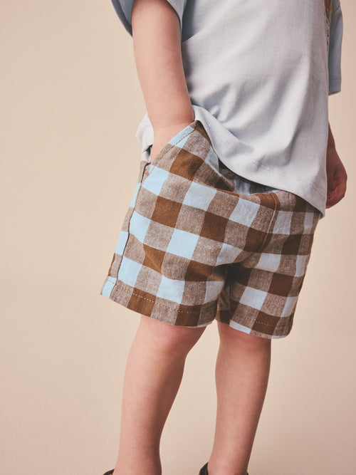Blue/Brown Gingham Linen Blend Pull On Shorts (3mths-7yrs) image 1