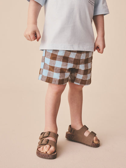 Blue/Brown Gingham Linen Blend Pull On Shorts (3mths-7yrs) image 4