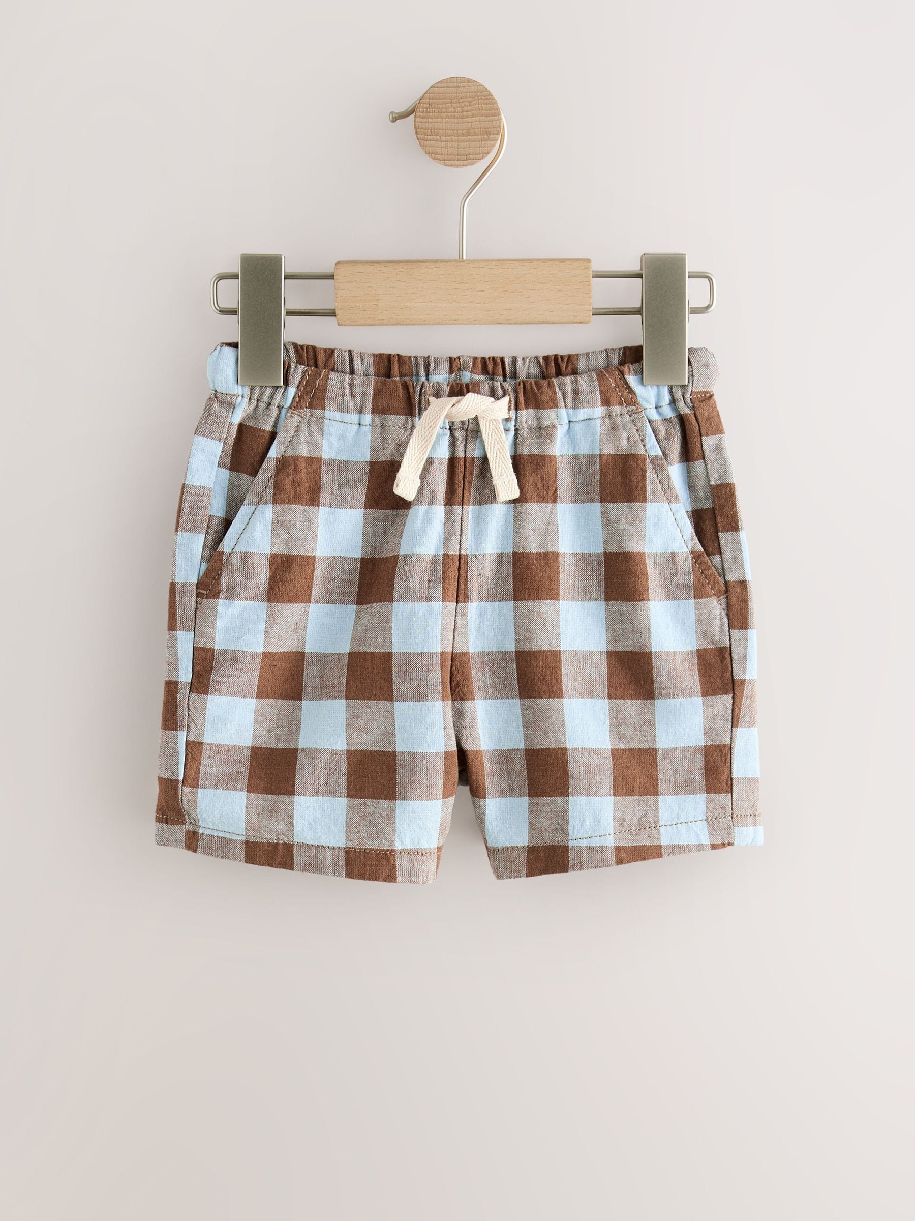 Blue/Brown Gingham Linen Blend Pull On Shorts (3mths-7yrs) image 5