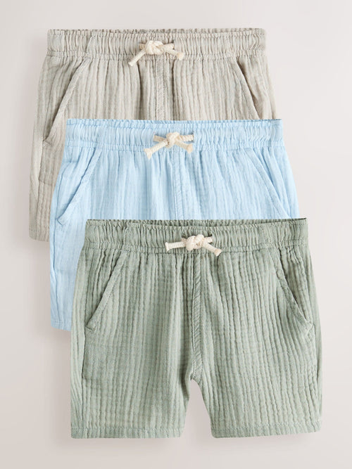 Neutral/Sage Green/Pale Blue Soft Textured Pull on Shorts 3 Pack (3mths-7yrs) image 1