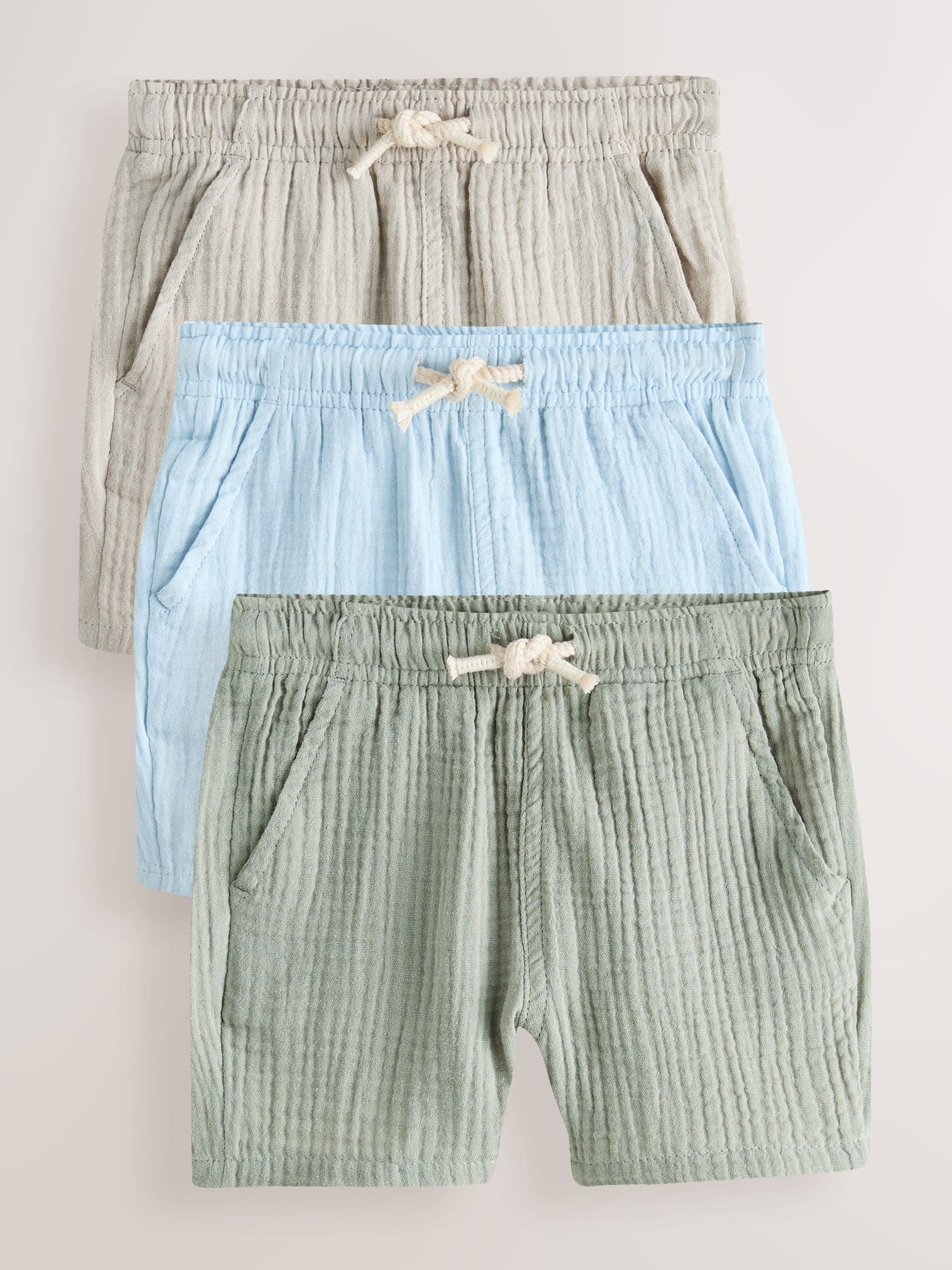 Dsiney Kidz - Neutral/Sage Green/Pale Blue Soft Textured Pull on Shorts 3 Pack (3mths-7yrs) image 1
