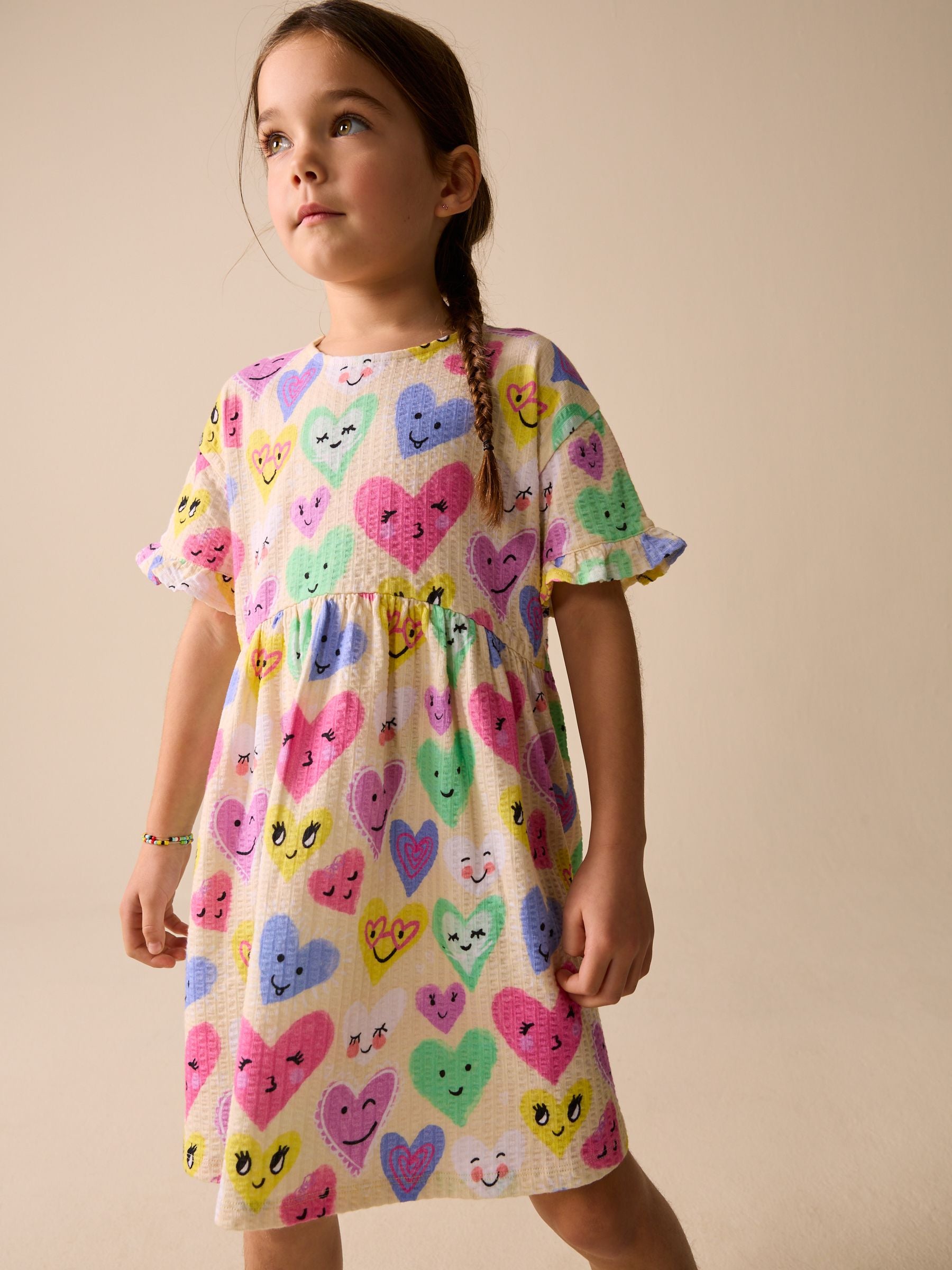 Light Yellow Heart Print Short Sleeve Jersey Dress (3-16yrs) image 1