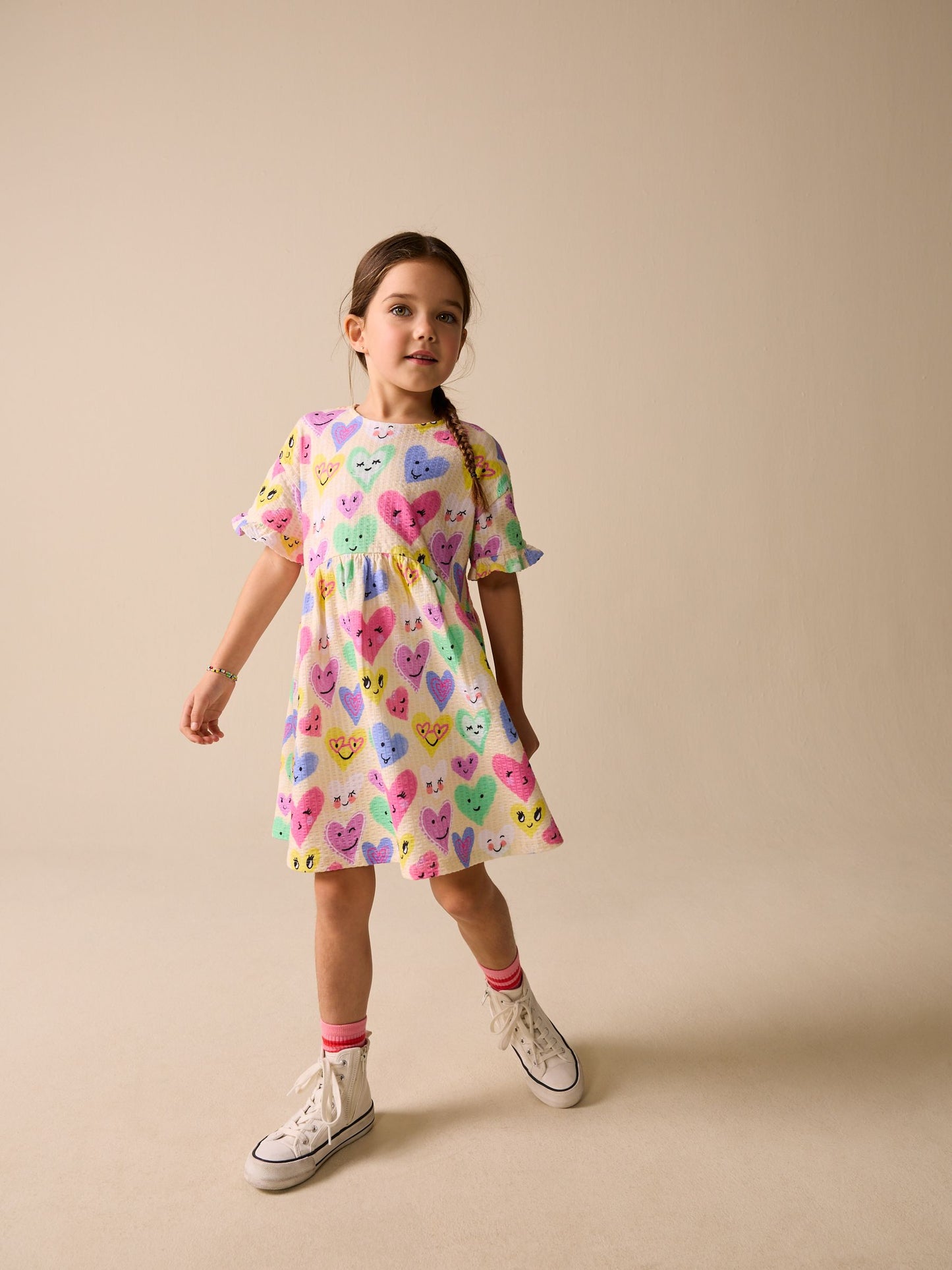 Light Yellow Heart Print Short Sleeve Jersey Dress (3-16yrs) image 2