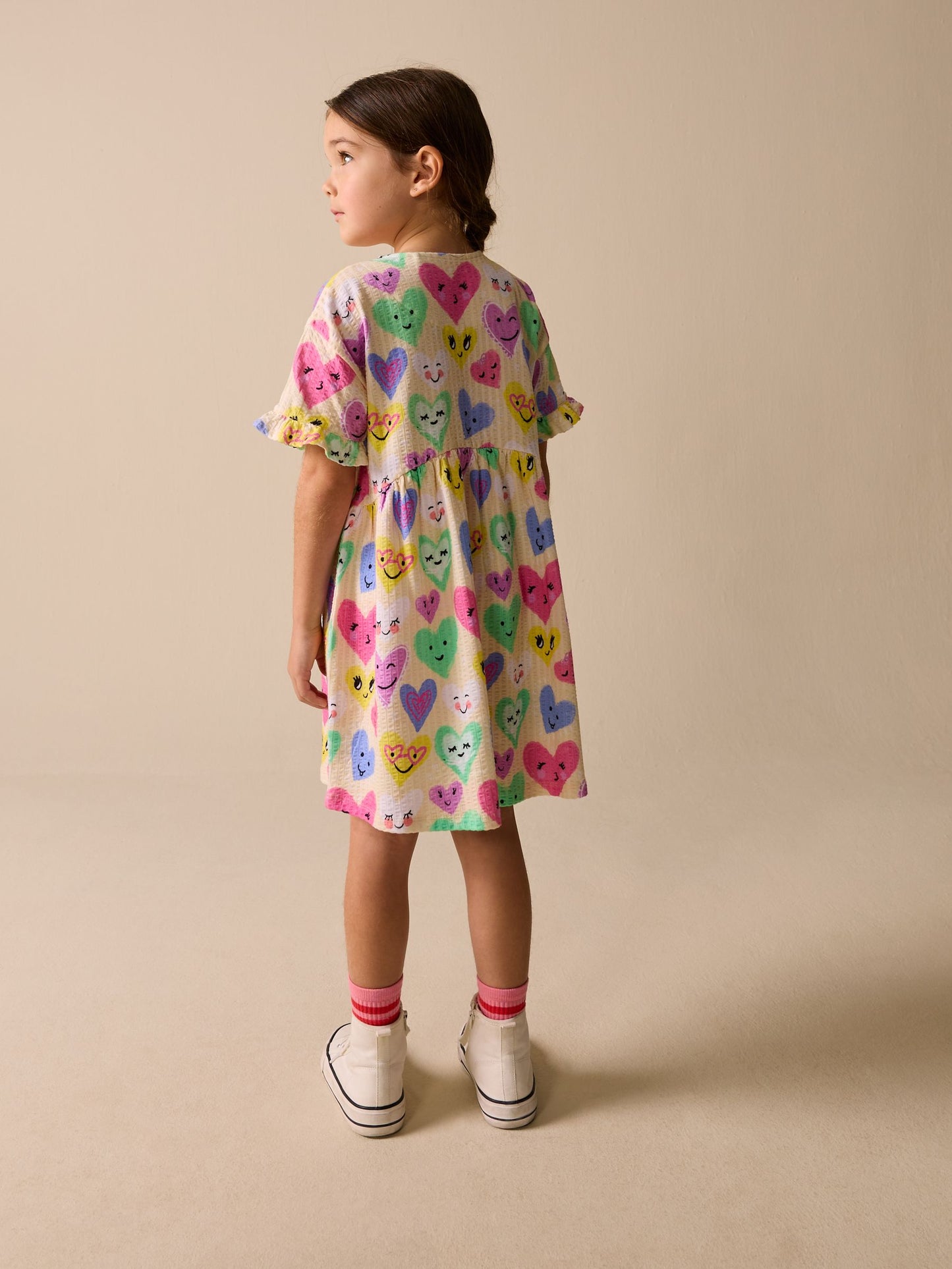 Light Yellow Heart Print Short Sleeve Jersey Dress (3-16yrs) image 3