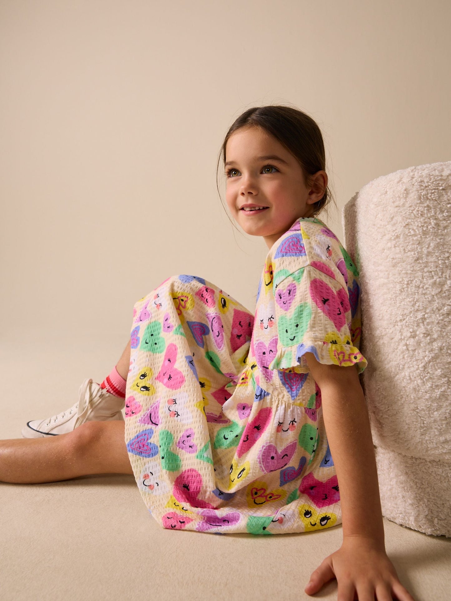 Light Yellow Heart Print Short Sleeve Jersey Dress (3-16yrs) image 4