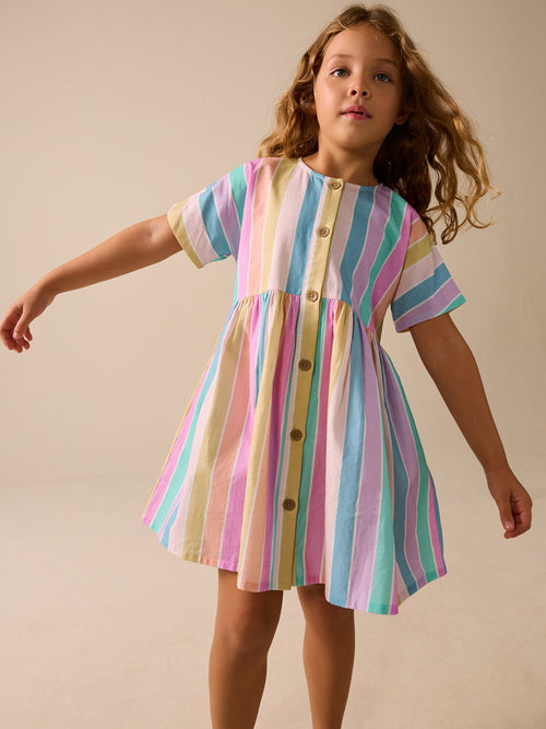 Rainbow Stripe Short Sleeve Button Through Dress (3-16yrs) image 1