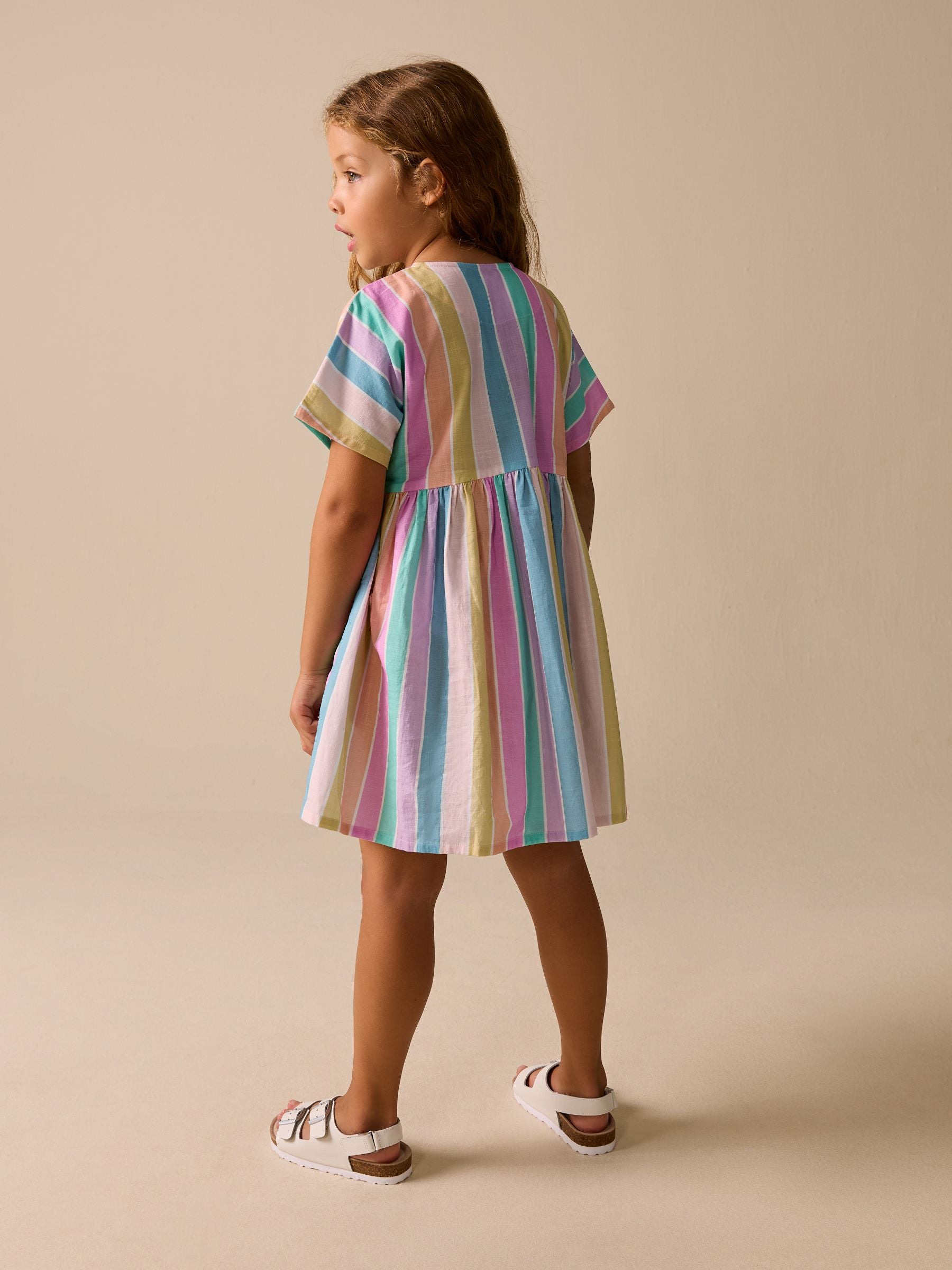 Rainbow Stripe Short Sleeve Button Through Dress (3-16yrs) image 3