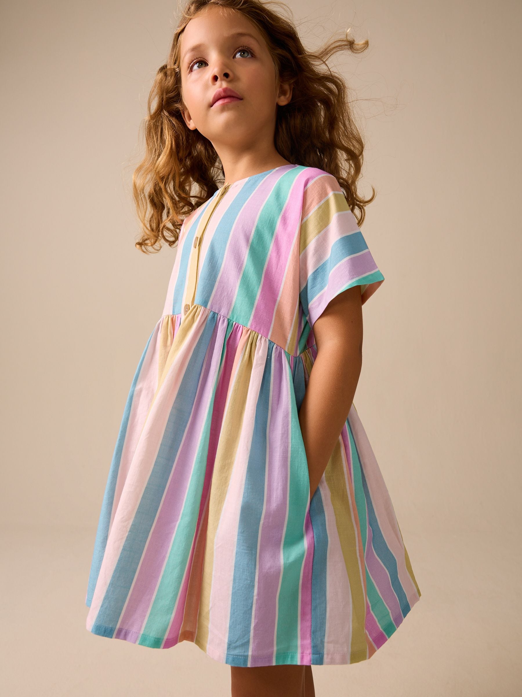 Rainbow Stripe Short Sleeve Button Through Dress (3-16yrs) image 4