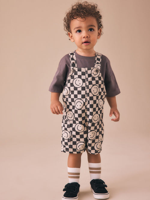 Black/Neutral Happy Face Checkerboard Dungarees (3mths-7yrs) image 1