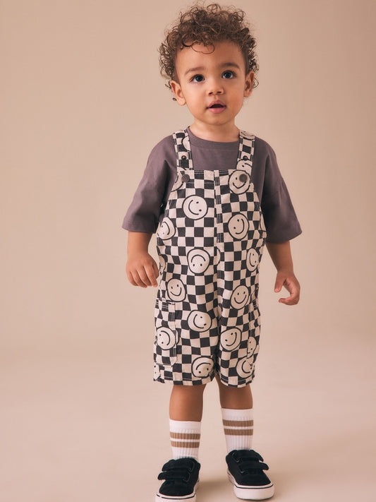 Black/Neutral Happy Face Checkerboard Dungarees (3mths-7yrs) image 1