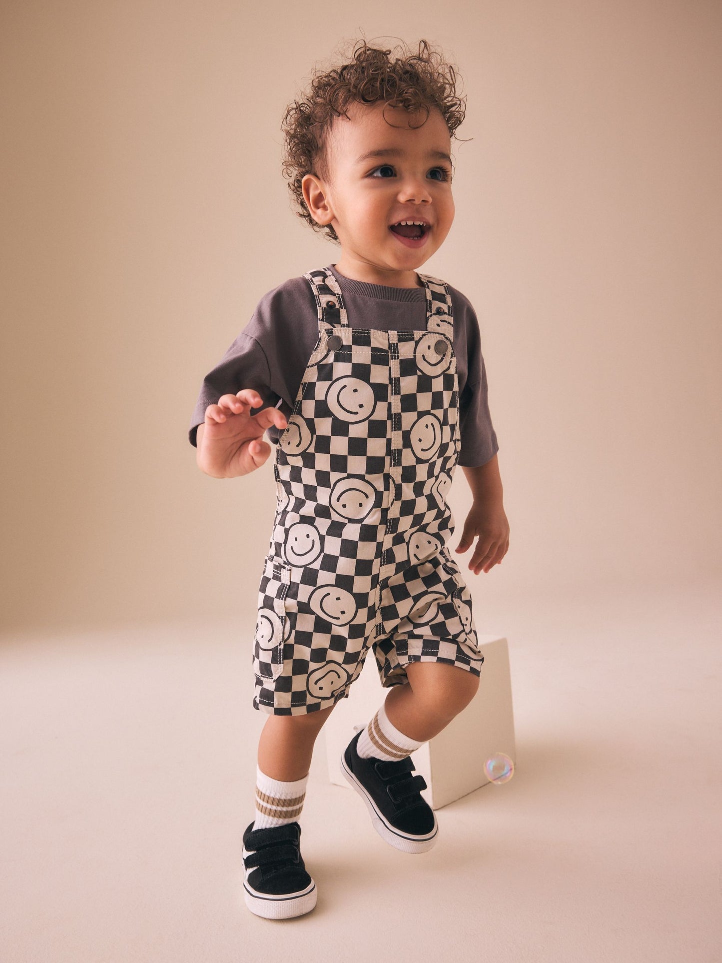 Black/Neutral Happy Face Checkerboard Dungarees (3mths-7yrs) image 2