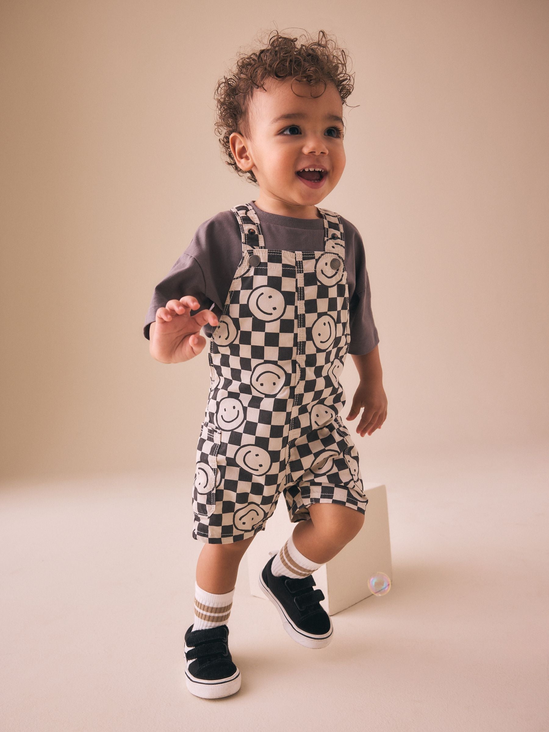 Black/Neutral Happy Face Checkerboard Dungarees (3mths-7yrs) image 2