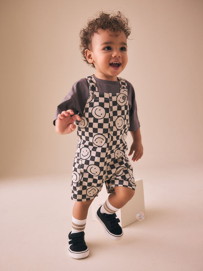 Black/Neutral Happy Face Checkerboard Dungarees (3mths-7yrs) image 2