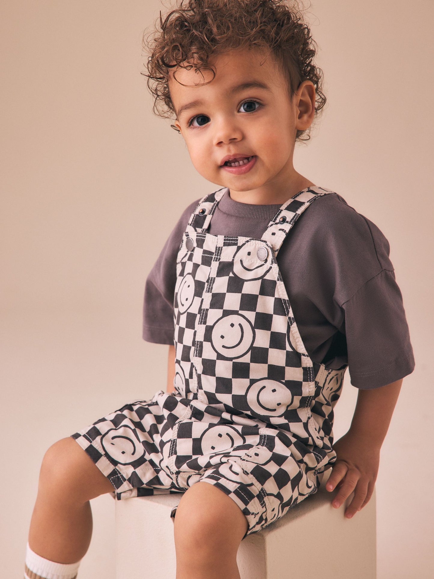 Black/Neutral Happy Face Checkerboard Dungarees (3mths-7yrs) image 3