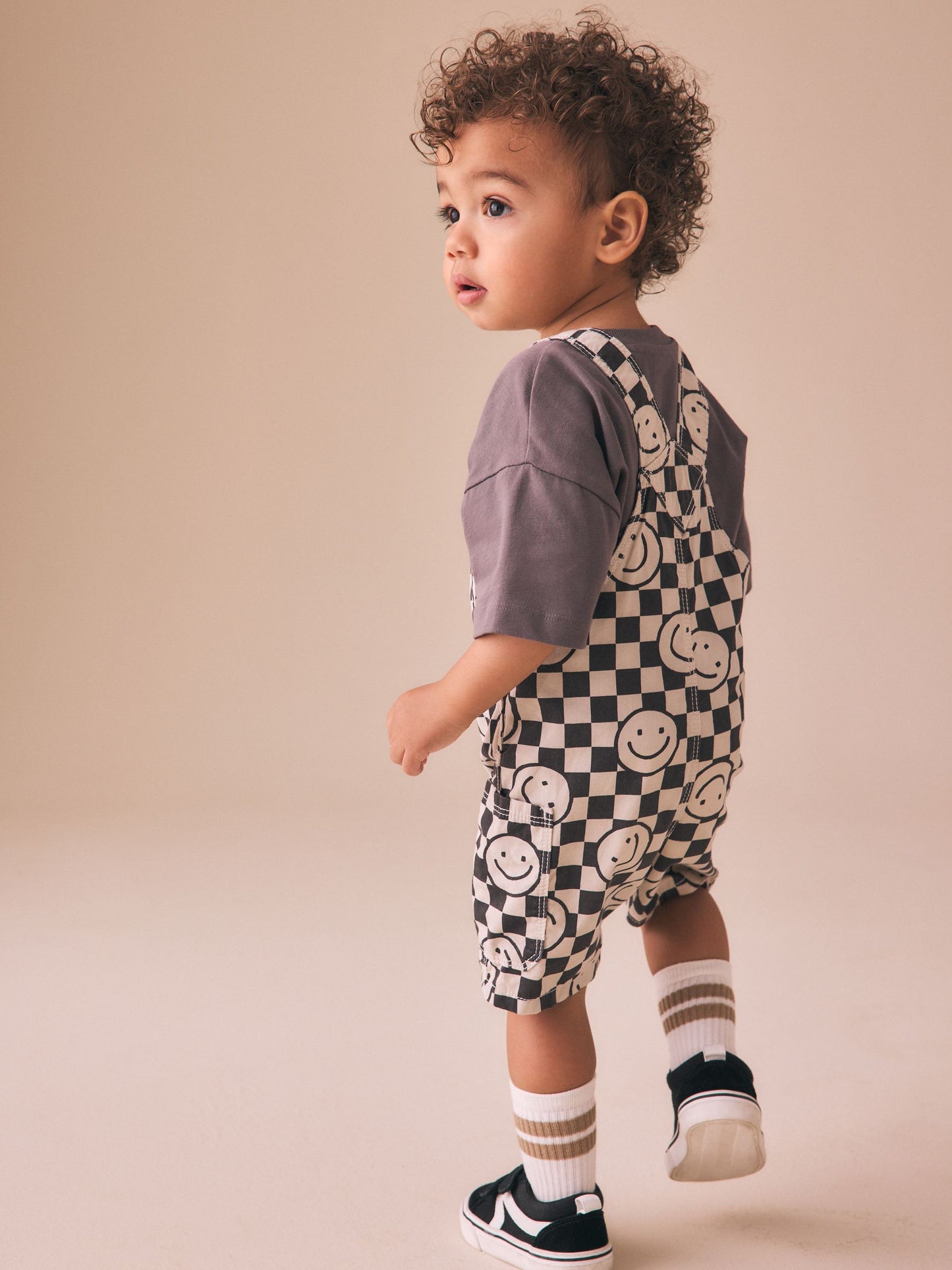 Black/Neutral Happy Face Checkerboard Dungarees (3mths-7yrs) image 4