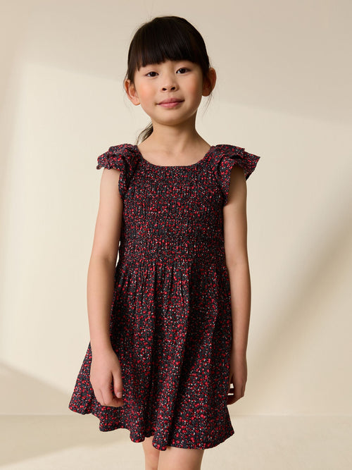 Black Ditsy Smocked Frill Sleeve Dress (3-16yrs) image 1