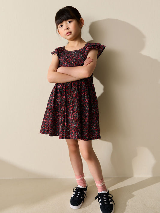 Black Ditsy Smocked Frill Sleeve Dress (3-16yrs) image 2