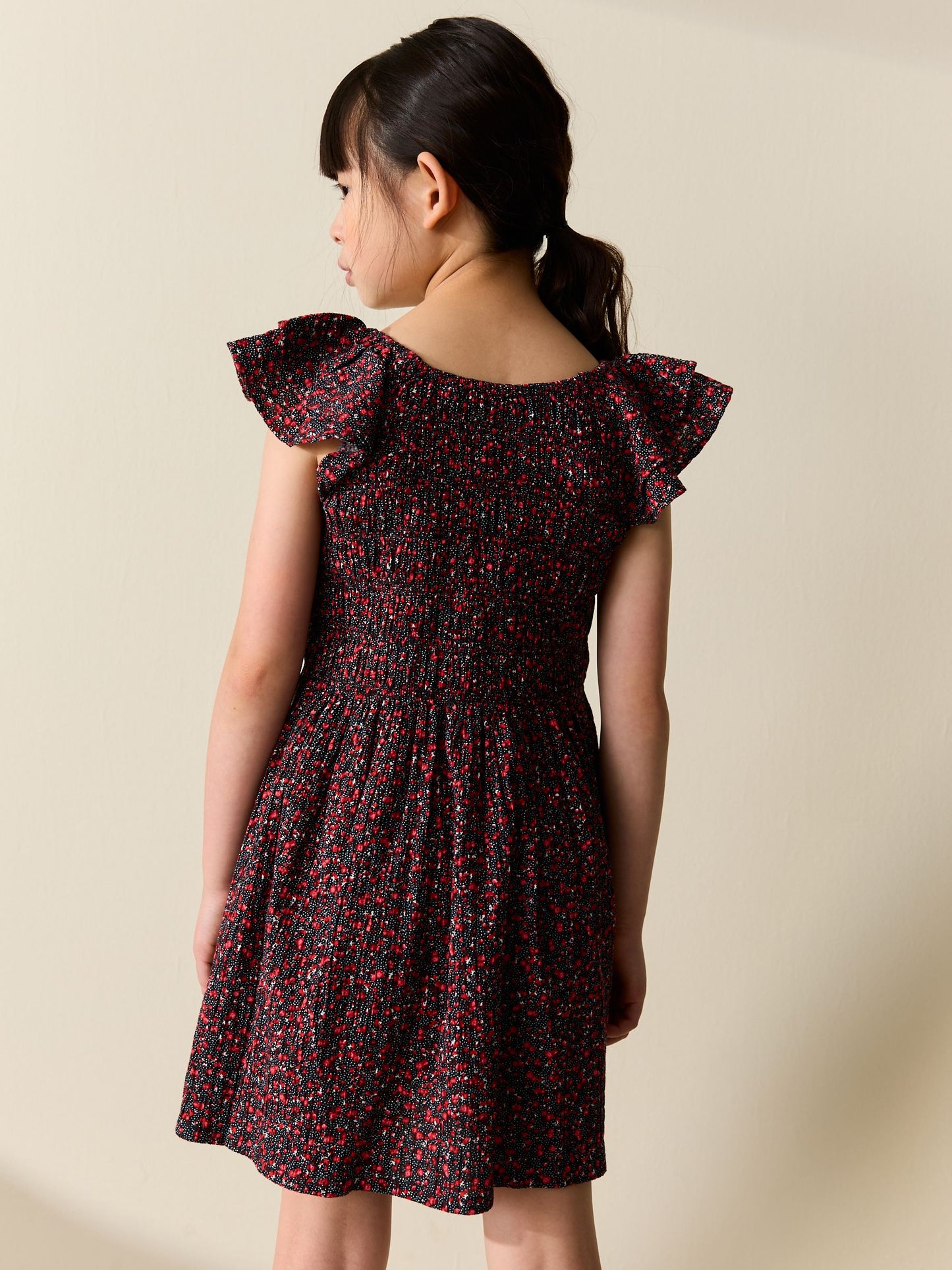 Black Ditsy Smocked Frill Sleeve Dress (3-16yrs) image 3