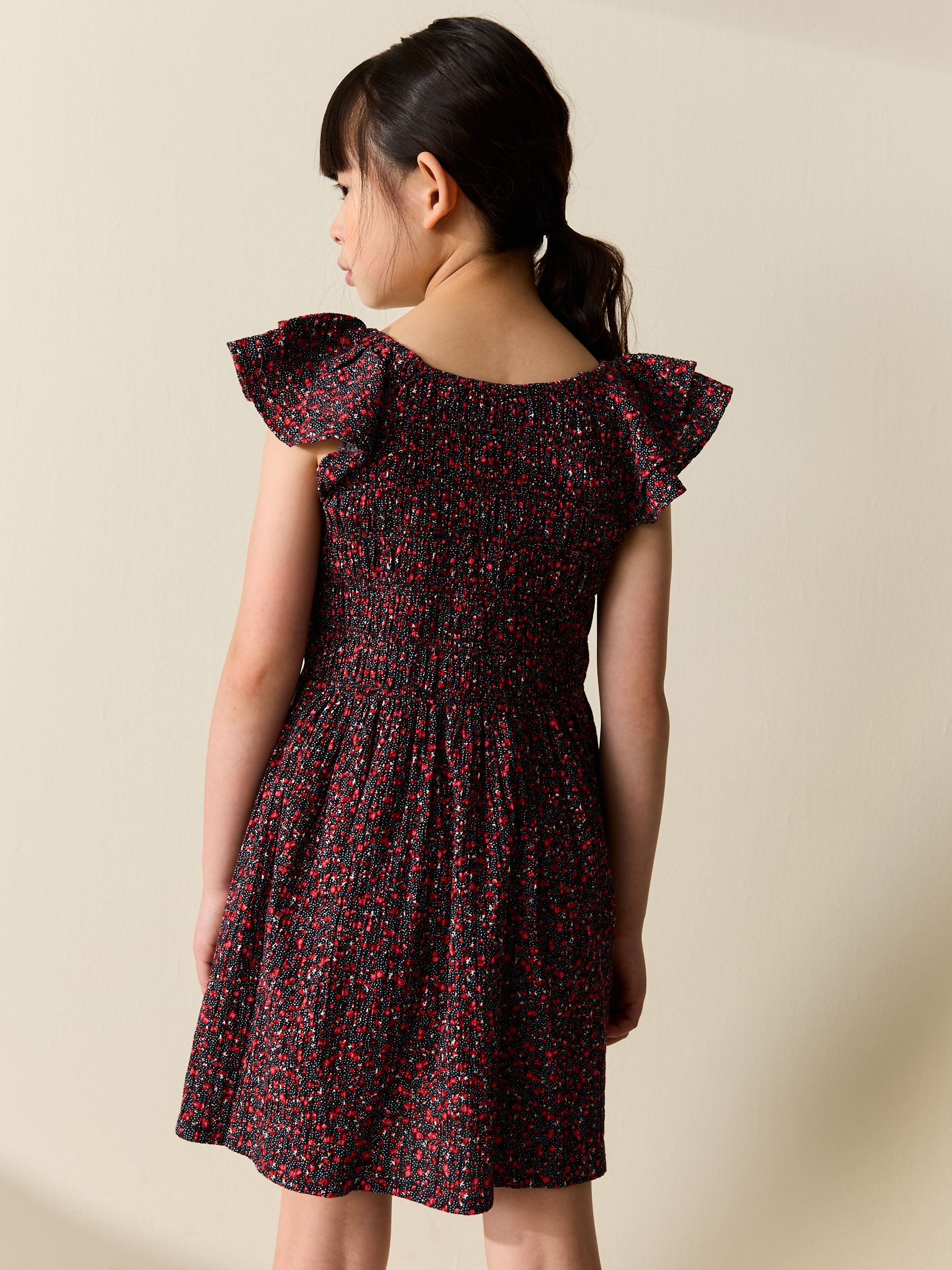 Black Ditsy Smocked Frill Sleeve Dress (3-16yrs) image 3