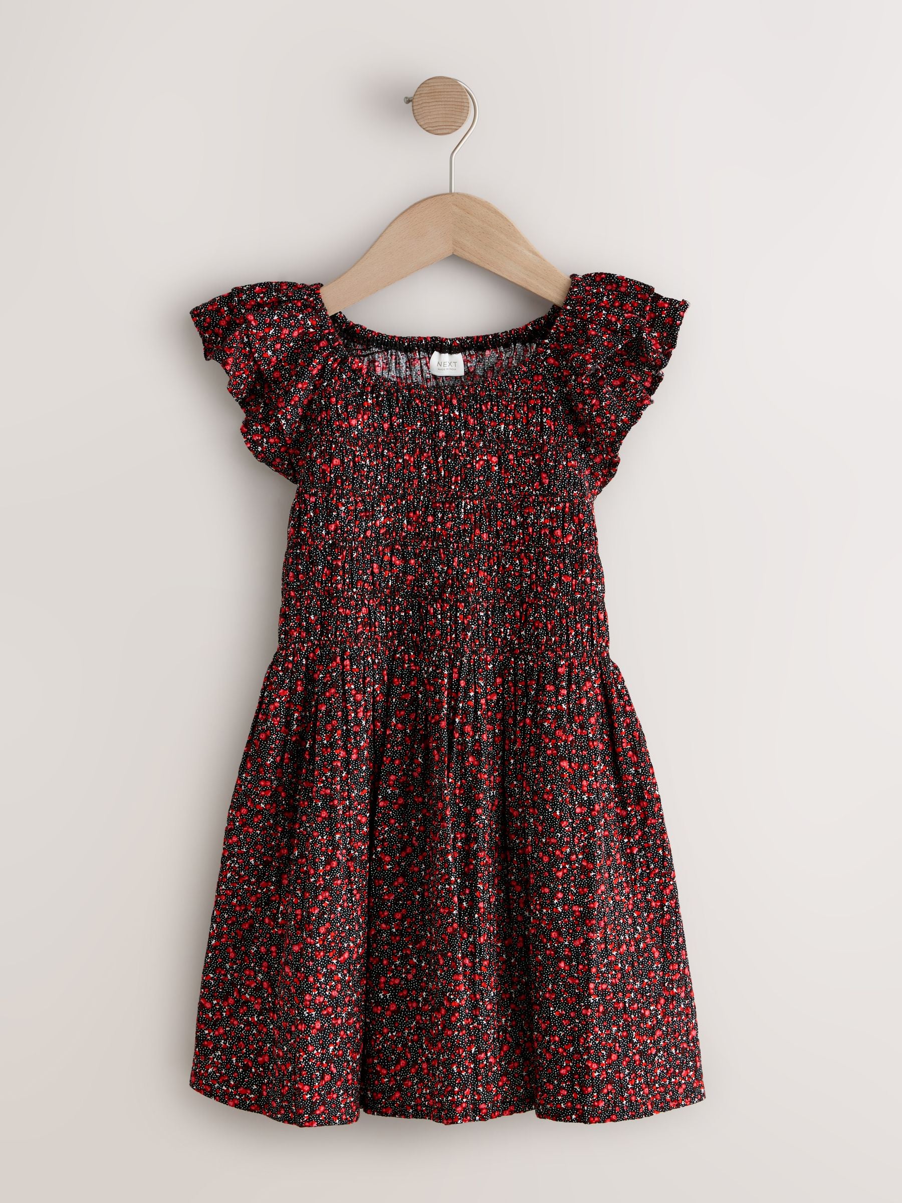 Black Ditsy Smocked Frill Sleeve Dress (3-16yrs) image 4