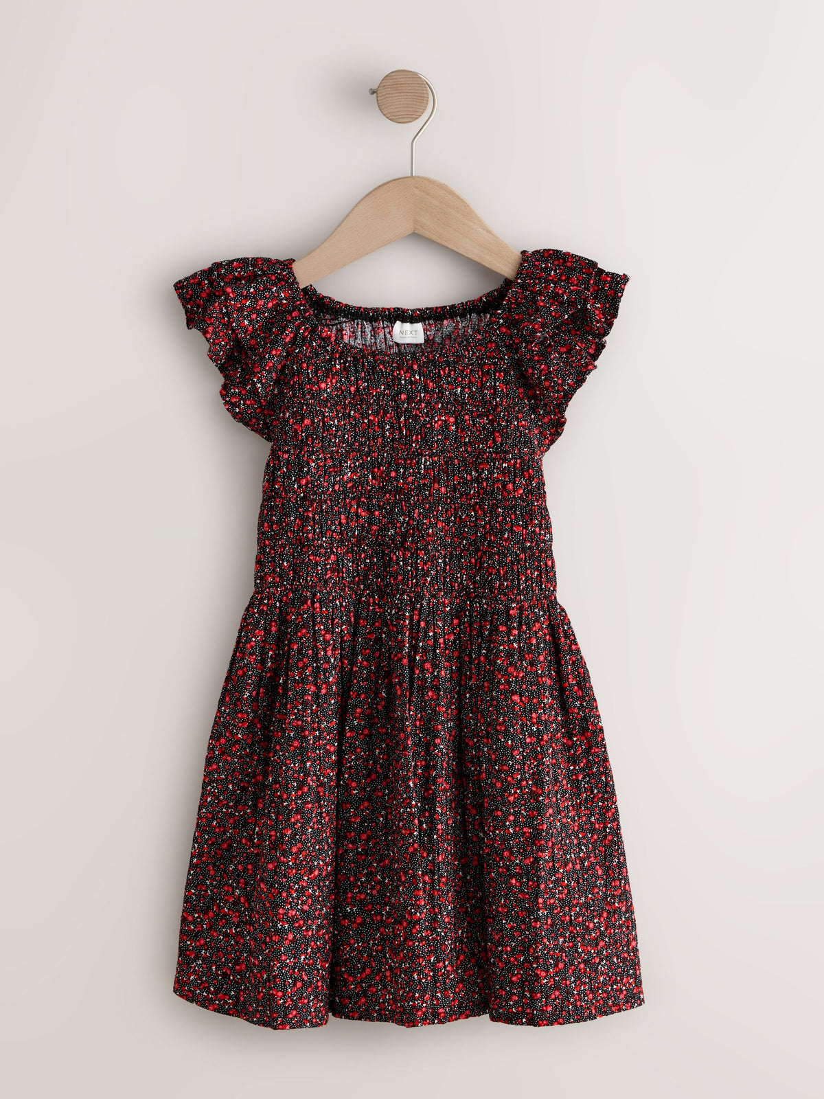 Black Ditsy Smocked Frill Sleeve Dress (3-16yrs) image 4