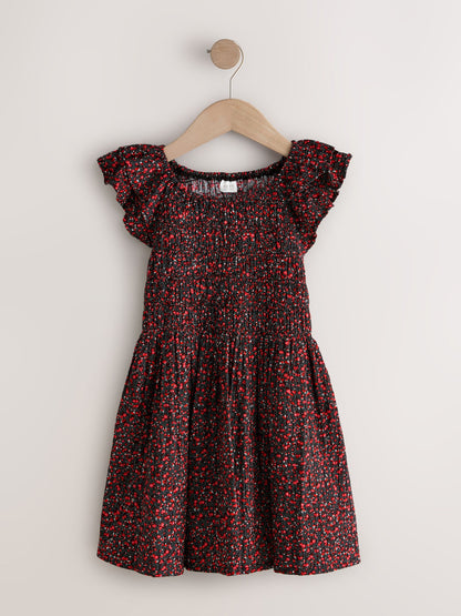 Black Ditsy Smocked Frill Sleeve Dress (3-16yrs) image 4